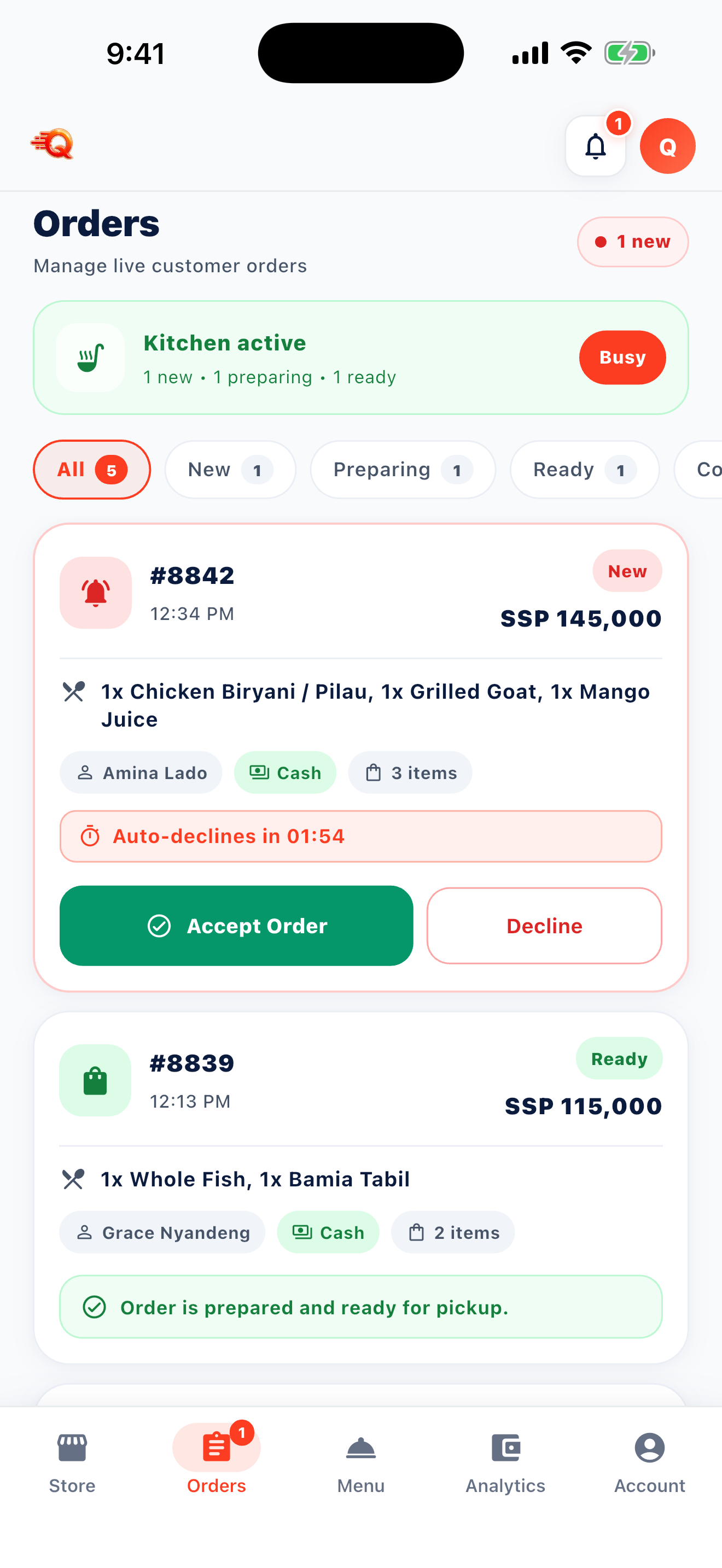 QuikkBusiness Live Order Queue & Prep Timers